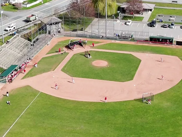 An aerial view of Delair Park, the Abbotsford Cardinals home field, on a game day.